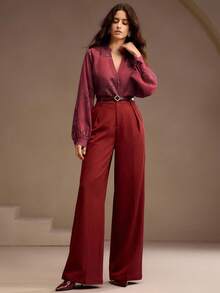 Anewsta Áo sơ mi dài tay cổ chữ V thêu họa tiết sequin nhiều màu sắc, phong cách công sở thanh lịch dành cho nữ - Màu Đỏ Sâu - Xem 6