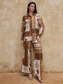 SHEIN Privé VITNOS Women's Two Pieces Set,Brown And Cream Floral Print Shirt And Pants,Boho Long Sleeve Drop Shoulder Elegant Outfit,Autumn Vacation Holiday - Multicolor - View 4