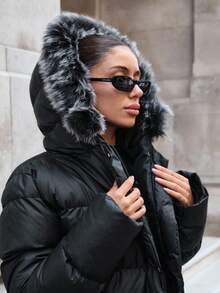 SHEIN Solid Long Sleeves Casual Button Up Hooded Padded Coat Winter