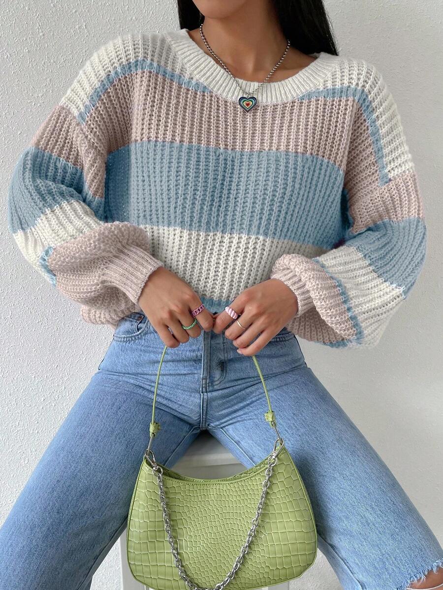 EMERY ROSE Women's Casual Loose Fit Contrast Color Round Neck Drop Shoulder Long Sleeve Sweater, Autumn - Multicolor - View 1