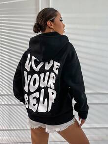 SHEIN Unity Slogan Graphic Drop Shoulder Drawstring Thermal Lined Hoodie LOVE YOURSELF Graduation,Teacher,Back To School Pullover Fall - Black - View 5