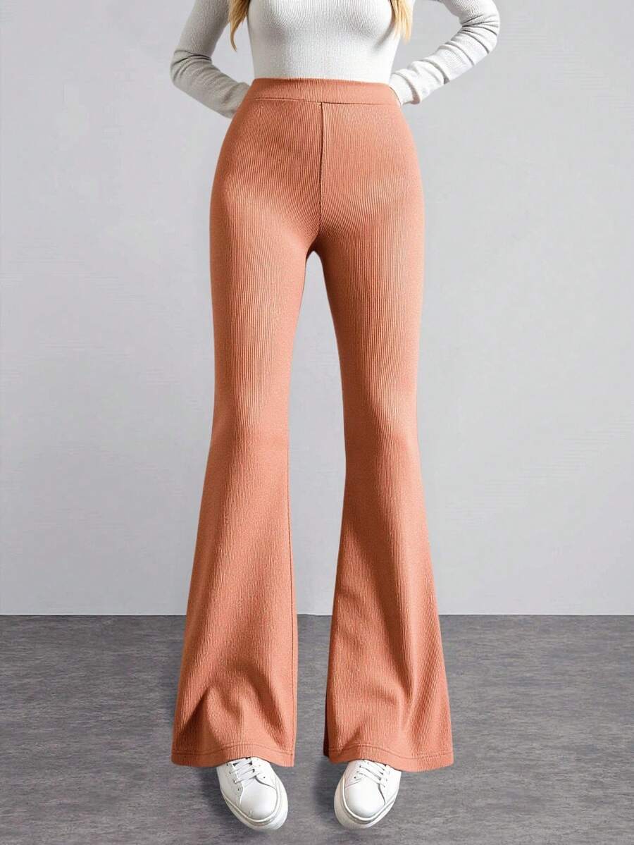 EURMUSE High Waist Ribbed Knit Long Pants - Pink - View 1