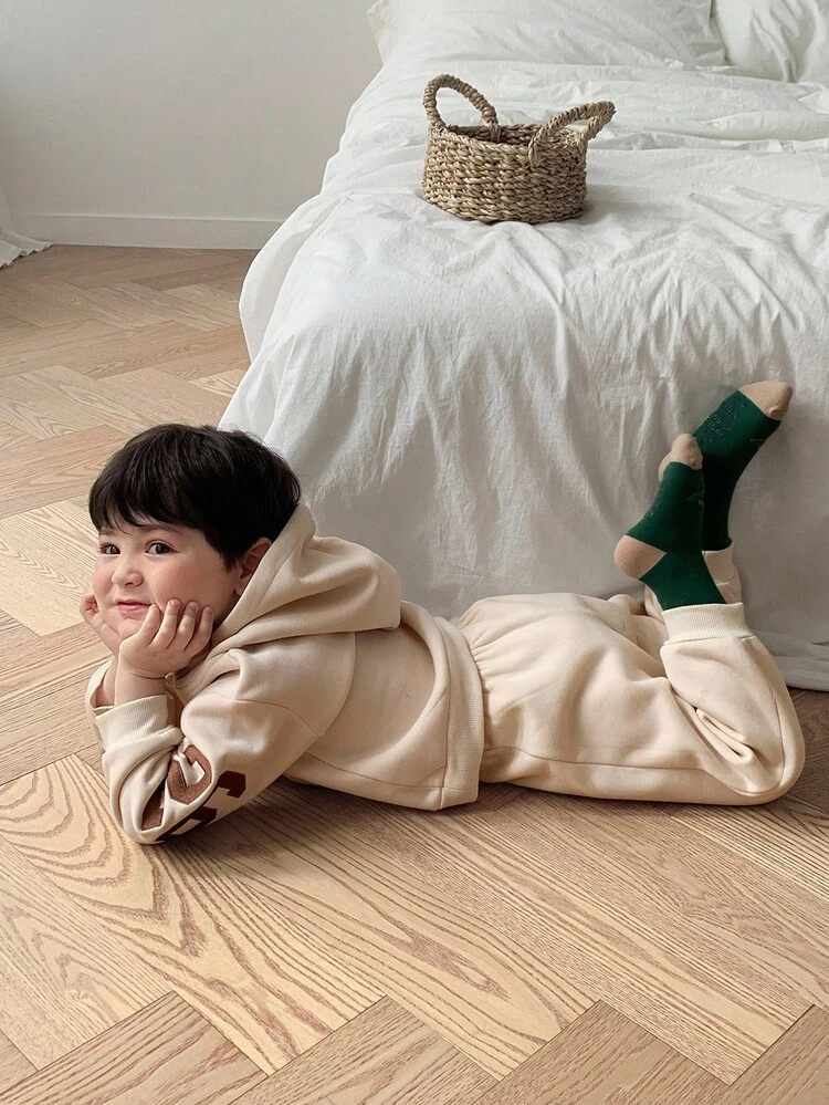 2pcs/Set Toddler Boys' Korean Style Casual Letter Print Sweatshirt And Sweatpants Set