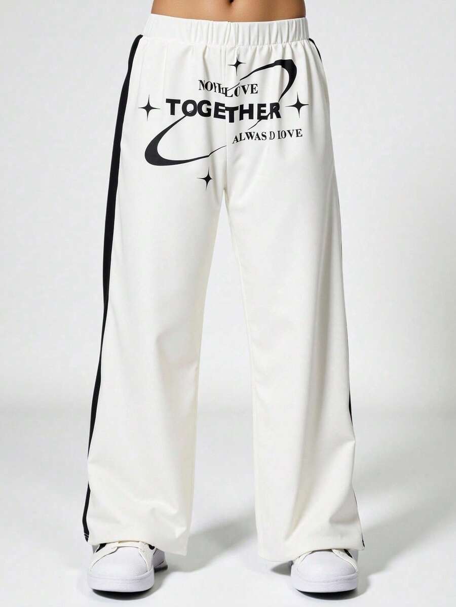 SHEIN Explorewe Teen Boy Fashionable Street Style Letter Print Colorblock Loose Long Pants - Black and White - View 1