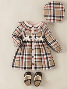 Souflis Souflis Christmas Baby Girls' Colorblock Plaid Pattern Ruffle Hem Bow Decor Dress & Hat Set Fall Winter - Brown - View 3