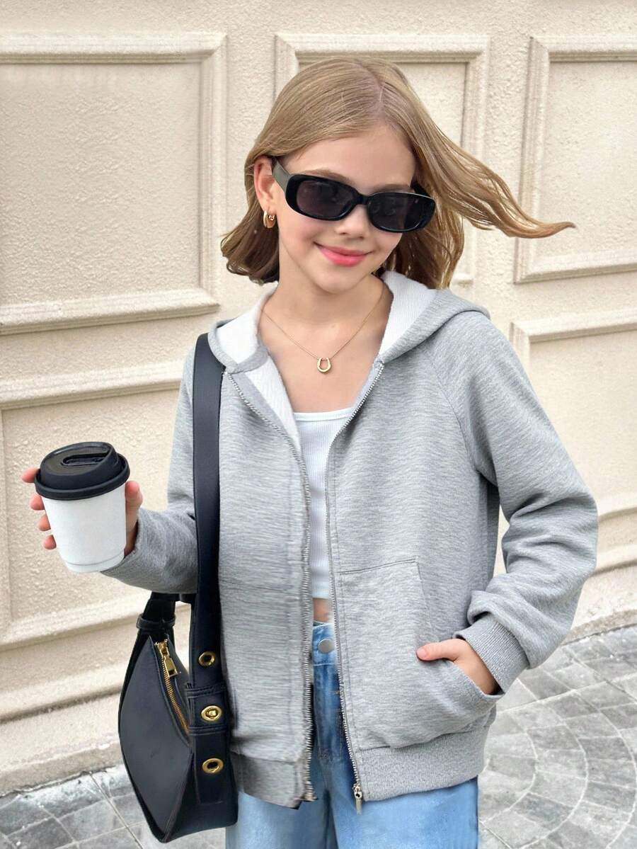 女童拉链口袋插肩袖休闲卫衣外套，适合周末、休闲外出、返校等场合，灰色儿童拉链卫衣，女童灰色卫衣，女童灰色拉链卫衣，秋冬季 - 淺灰色 - 查看 1