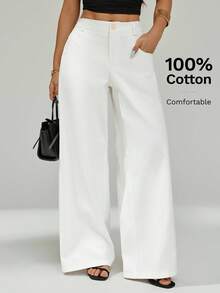 SHEIN PETITE 女士通勤优雅100%纯棉舒适透气秋冬春夏阔腿通勤长裤 - 白色 - 查看 6