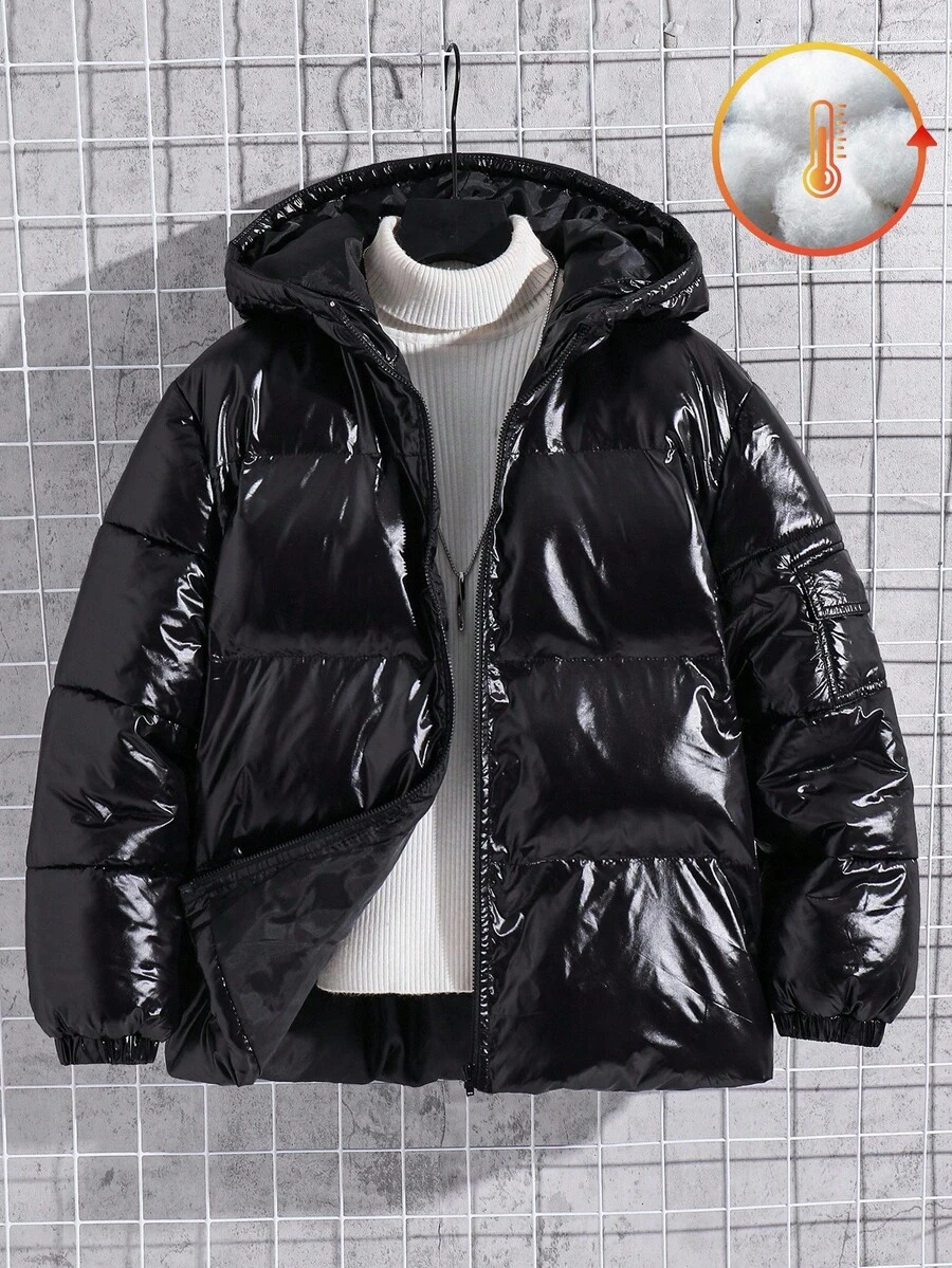 SHEIN 1 Piece Tween Boy Casual Sports College Simple Hooded Black All-Match Padded Coat With Shiny Fabric, Winter Coat, Quilted Coat Jacket Suitable For Kids Outfits Toddler Boy Clothes Back To School Boys Set Suitable For Birthday Parties, Evening Parties, Performances, Weddings, Baptisms, Opening Ceremonies Daily Suitable For Daily Use Suitable For School Suitable For Travel  Suitable For Autumn And Winter Seasons Winter Coats Down Coats Y2k Coat Streetwear Fall - Black - View 1
