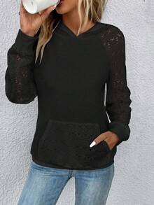 SHEIN Contrast Lace Raglan Sleeve Kangaroo Pocket Hoodie,Long Sleeve Tops - Black - View 6