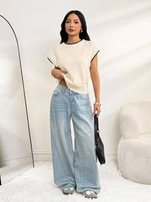 SHEIN PETITE Women's Contrasting Color Trim Round Neck Short Sleeve Casual Versatile Knitted Top Fall Tops,Knitted Sweater - Apricot - View 5