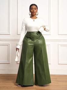 Veslaya 2025 春夏新品非洲波西米亚音乐节休闲度假优雅海岛度假派对鸡尾酒通勤日常穿着纯色松紧腰喇叭裤，女式加大码下装 - 軍綠色 - 查看 1