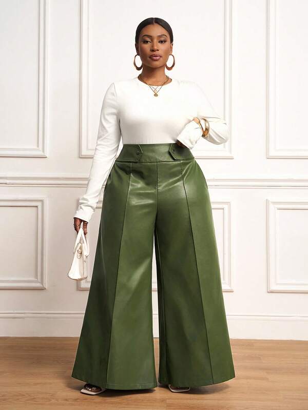 Veslaya 2025 Spring/Summer New Arrival African Bohemian Music Festival Casual Vacation Elegant Island Resort Party Cocktail Commute Daily Wear Solid Color Elastic Waist Flare Leg Pants, Women Plus Size Bottom