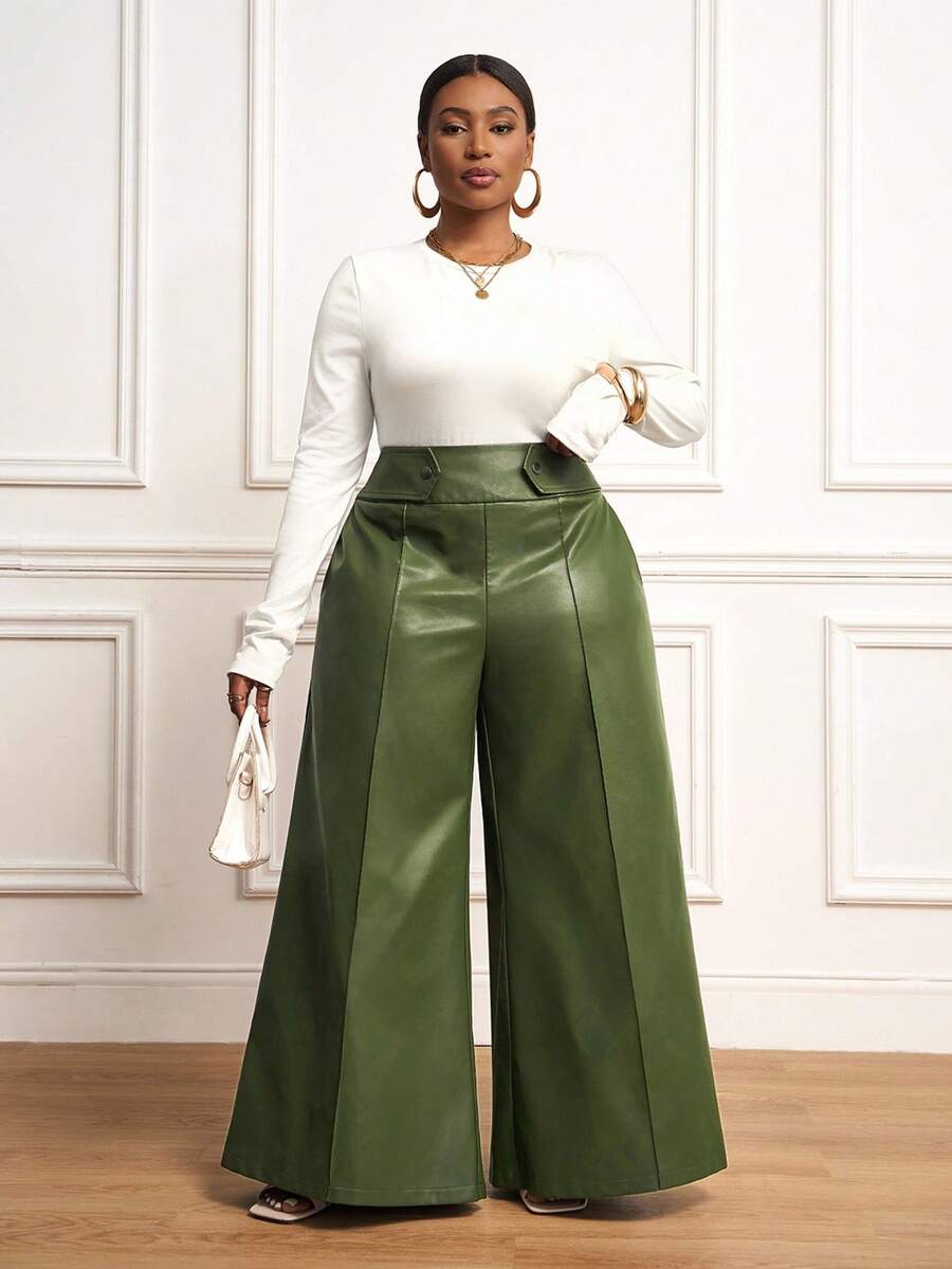 Veslaya 2025 春夏新品非洲波西米亚音乐节休闲度假优雅海岛度假派对鸡尾酒通勤日常穿着纯色松紧腰喇叭裤，女式加大码下装 - 軍綠色 - 查看 1