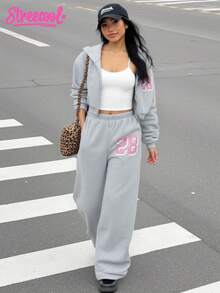 SHEIN Explorewe 三件套少女纯色保暖连帽拉链衫、吊带背心和阔腿裤休闲套装，适合日常穿着、通勤和上学，秋冬季街头风。 - 灰色 - 查看 2