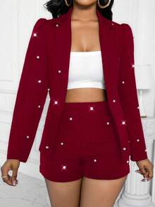 Xyvia Handmade Beaded Split Design Women Long Sleeve Jacket And Shorts Elegant Suit Set - Burgundy - View 6