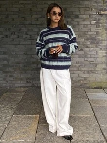 DAZY Contrast Stripe Fuzzy Loose Crew Neck Long Sleeve Casual Street Style Knit Sweater For Women, Autumn/Winter