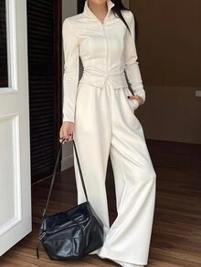 DAZY 女士翻领拉链修身外套和直筒裤两件套休闲套装，女士运动服套装，女士家居服套装 - 米色 - 查看 1