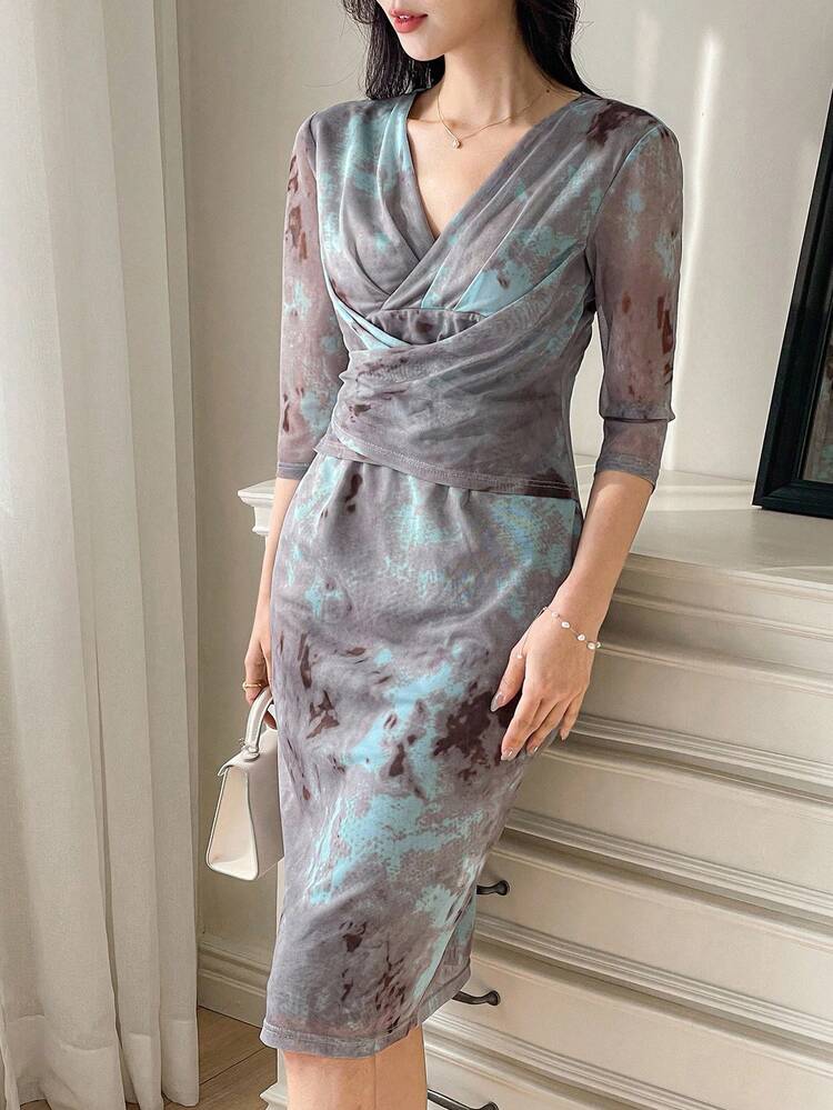 Women's V-Neck Elastic Mesh Form-Fitting Dress, Elegant Dress