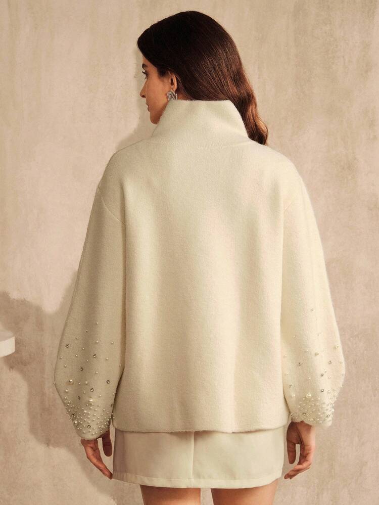 Women's Winter Cardigan With Luxurious Pearl And Rhinestone Embellishments, Elegant Outerwear For Women, Birthday