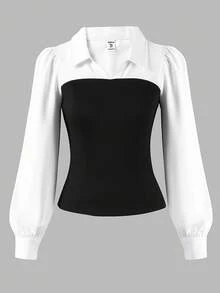 Sparklyn Teen Girl Casual Two-Tone V-Neck Lantern Sleeve Fitted Shirt, Spring/Autumn