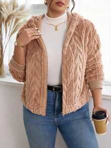 SHEIN Essnce 大码女装秋冬时尚休闲宽松舒适温柔日常保暖毛绒卡其色连帽夹克，女士冬装，冬季外套 - 卡其色 - 查看 1