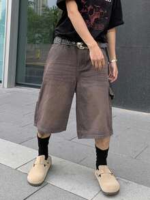 Manfinity EMRG 男士休闲宽松纽扣牛仔短裤 - 棕色 - 查看 5