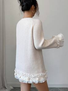 SHEIN Elenzya Women's Lace Patchwork Faux Pearl Collar Raglan Sleeve Sweater - Apricot - View 2