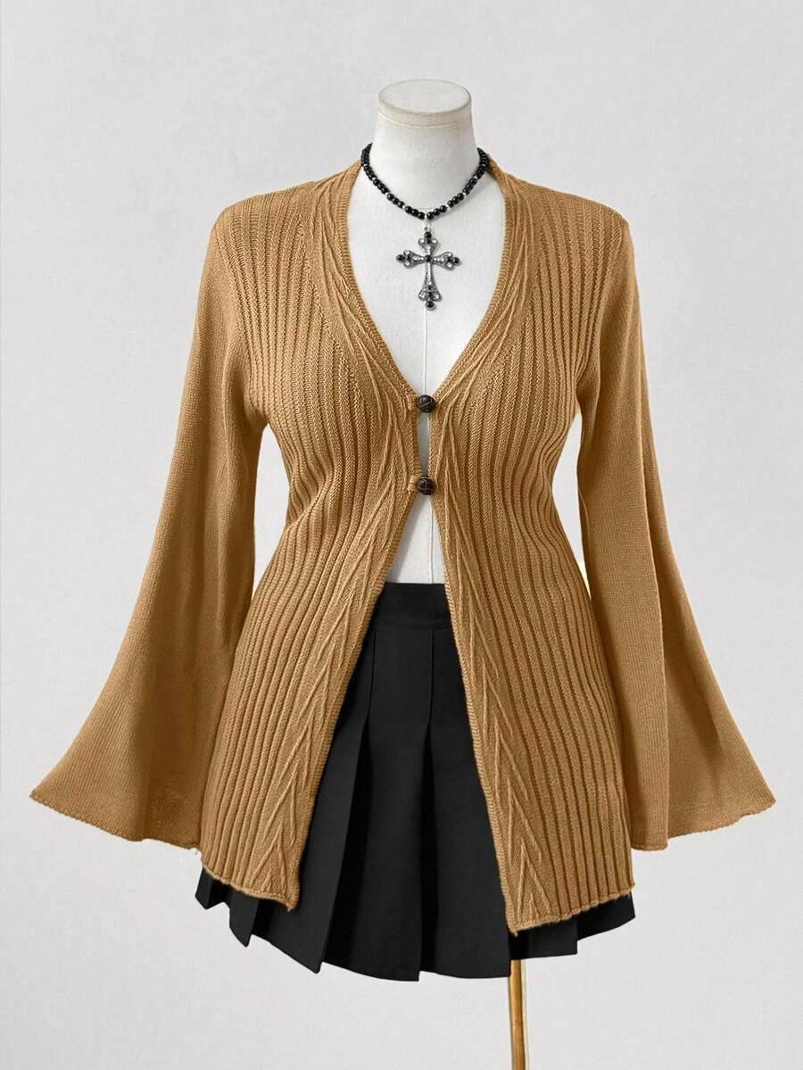 Sunspun Áo len cardigan dệt kim cài nút phong cách Bohemian cỡ lớn dành cho nữ, phù hợp với mọi mùa, lý tưởng cho trang phục đi nghỉ - Lạc đà - Xem 1