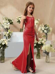 SHEIN 青少年女孩优雅简约时尚无袖高腰开衩连衣裙，纯色缎面闪亮面料，高端礼服，花童礼服，酒红色，毕业季 - 酒紅色 - 查看 4