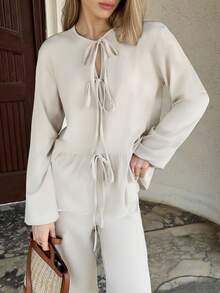 ZIRRA Women's Casual/Office Wear Solid Color Tie-Up Shirt And Pants 2 Pieces Set - Apricot - View 6