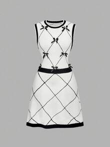 SHEIN MOD 黑白蝴蝶结钻石图案无袖针织连衣裙 - 黑與白 - 查看 2