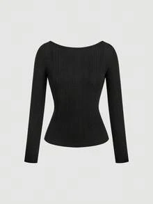 SHEIN MOD Bowknot Back Casual Long Sleeve Fitted Women T-Shirt, Fall, Long Sleeves, Open Back With Oversized Tie Bow, Warmth - Black and White - View 3