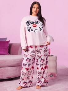 Mean Girls X SHEIN Set pigiama oversize con stampa di lettere e labbra, maniche lunghe, comodo e confortevole, adatto per l'autunno, abbigliamento da casa e da notte per donne taglia grande