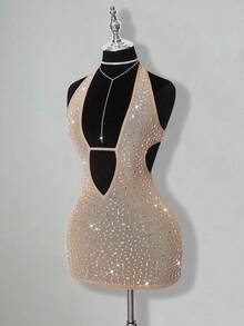 SHEIN ICON 女式杏色深 V 领水钻透视露背迷你连衣裙，性感派对和活动适用 - 杏色 - 查看 3