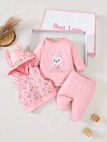 SHEIN Set Bayi Perempuan Zip Kartun Huruf Random Print - Berwarna merah muda - View 1