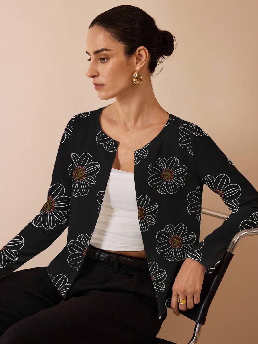 Glamance Shutterstock 黑色花卉印花休闲优雅简约女士长袖开衫，适合日常、工作、外出、办公室、复古旅行、秋冬外出等场合，优雅西装外套，时尚别致的服装系列 - 彩色 - 查看 1