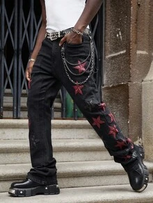 ROMWE MEN Street Life Men's Star Embroidered Layered Denim Jeans - Black - View 7