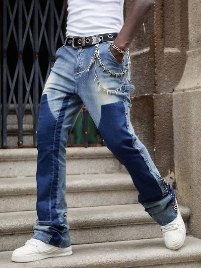 Street Life Men's Sparkling Rivet Chain Decor Layered Cargo Jeans