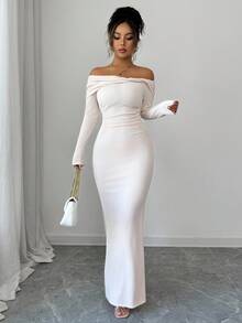 Elenzga 露肩扭纹设计优雅派对美人鱼修身针织女裙 - 杏色 - 查看 4