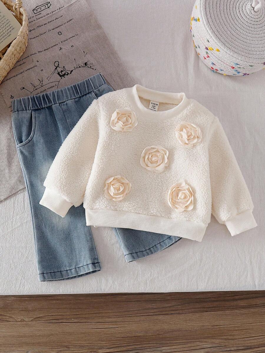 SHEIN 2件套女婴冬季长袖蓬松白色上衣+牛仔裤套装 - 彩色 - 查看 1