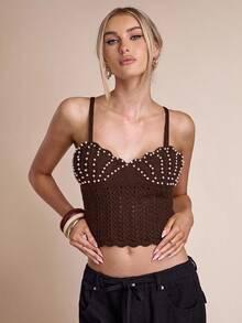 SHEIN BAE 秋冬女款仿珍珠吊带镂空短款针织上衣 - 咖啡棕 - 查看 4