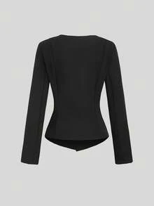 Sweetra Áo khoác mỏng thanh lịch cổ chữ V tay dài, cài nút đơn dành cho nữ, mùa thu - màu đen - Xem 2