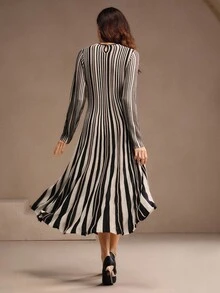 Women's Knitted Colorblock Ribbed Layered Dress - Black and White - View 2