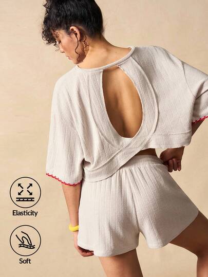 VARSIVA 女式落肩T恤和抽绳腰短裤运动套装健身女士套装