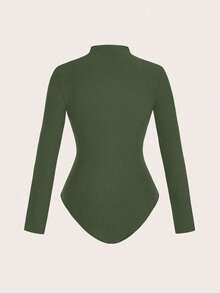 SHEIN LUNE 1 件女式简约纯色半拉链长袖紧身衣 - 軍綠色 - 查看 2