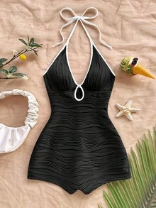 Soleia 女士休闲度假新款 V 领露背系带蝴蝶结镂空黑白撞色修身罗纹连体裤，适合派对、约会、下午茶、海滩