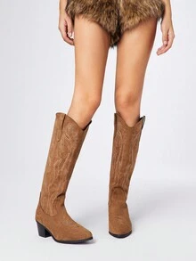 ROMWE Kawaii Botas occidentales de mujer con diseño hueco de alas de mariposa bordadas en marrón, nuevas botas de piel por encima de la rodilla para primavera/otoño - Caqui - Ver 2