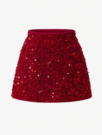 Young Girls Shiny Sequin High Waist Elastic Band A-Line Glitter Mini Skirt For Christmas Birthday Party Performance