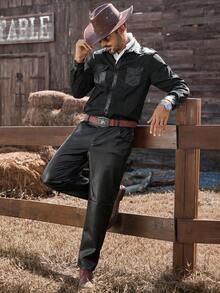 Manfinity Nomadique 男士西式口袋设计长袖单排扣休闲衬衫，秋季 - 黑色 - 查看 4