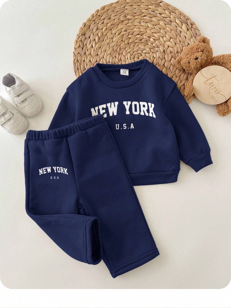 SHEIN 2 件套 Babygirl 宽松休闲字母印花长袖圆领运动衫和运动裤，适合户外和室内穿着 - 藏蓝色 - 查看 1